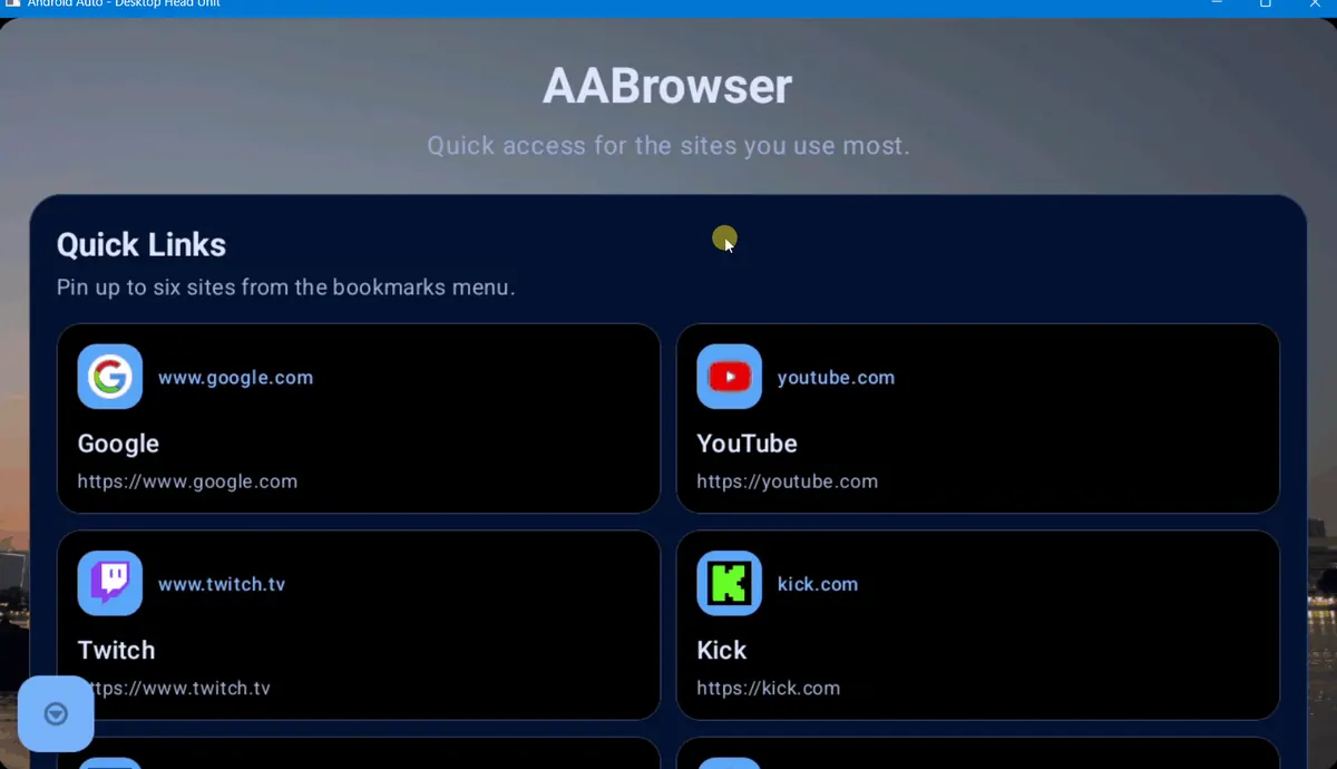 Official AA Browser dark mode tabs after the app appears in Android Auto