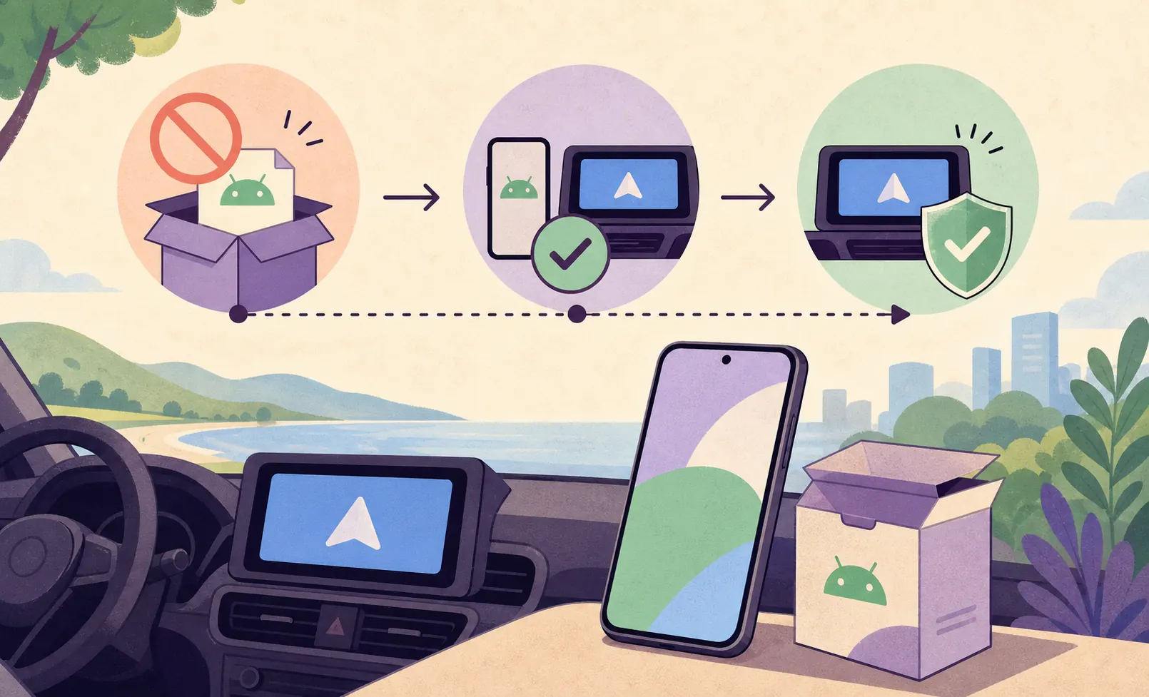 Editorial illustration of an Android APK installation problem moving through compatibility and verification checks